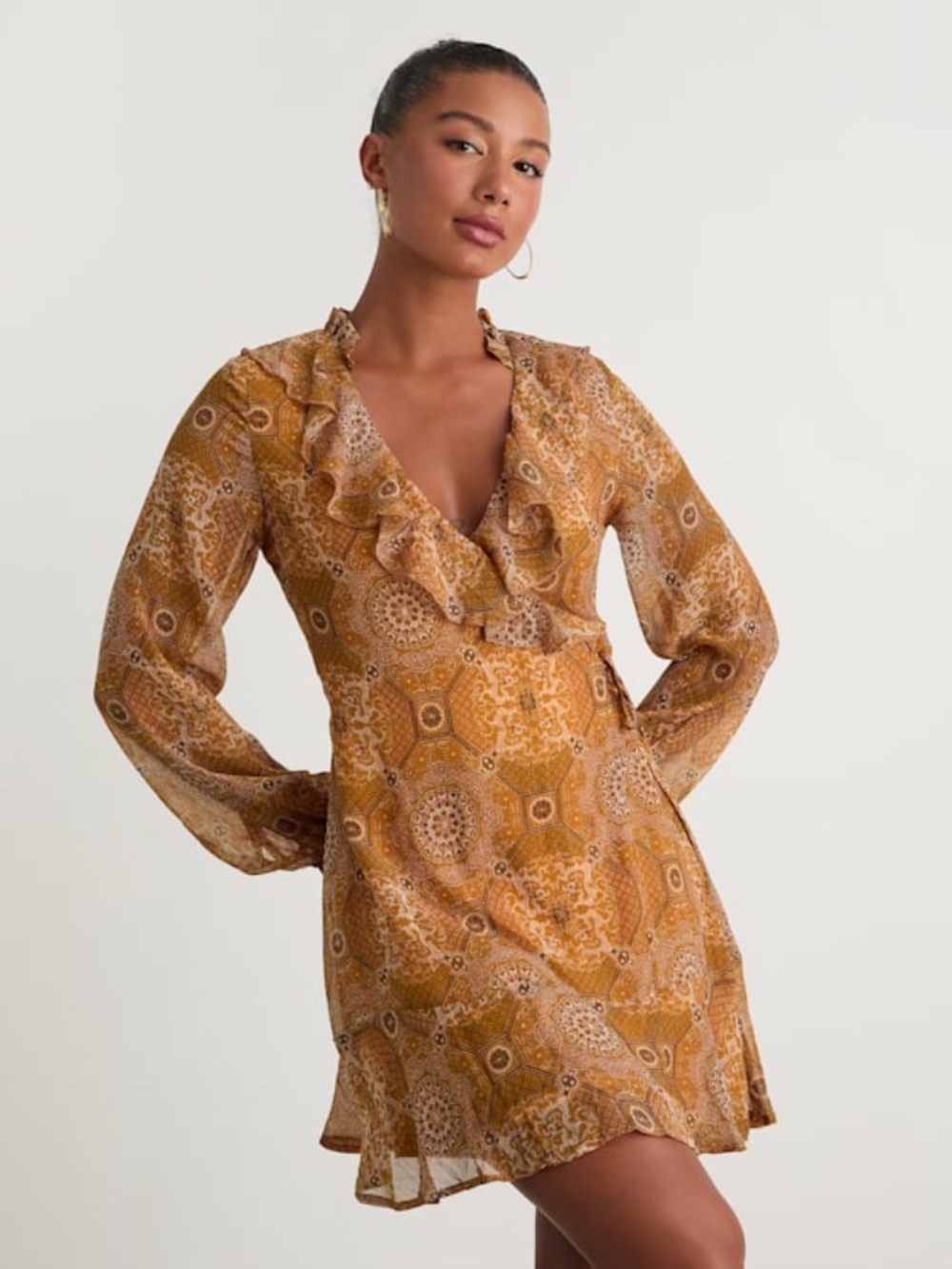 Lulus Claire Mustard Yellow Boho Print Wrap Mini Dress - Size XS